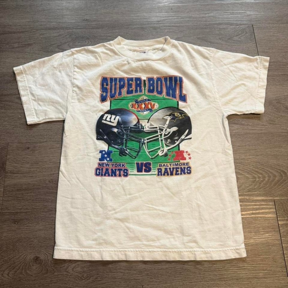 Vintage 2001 Super Bowl XXXV Giants vs Ravens T-Shirt Youth 14-16 Helmet Graphic